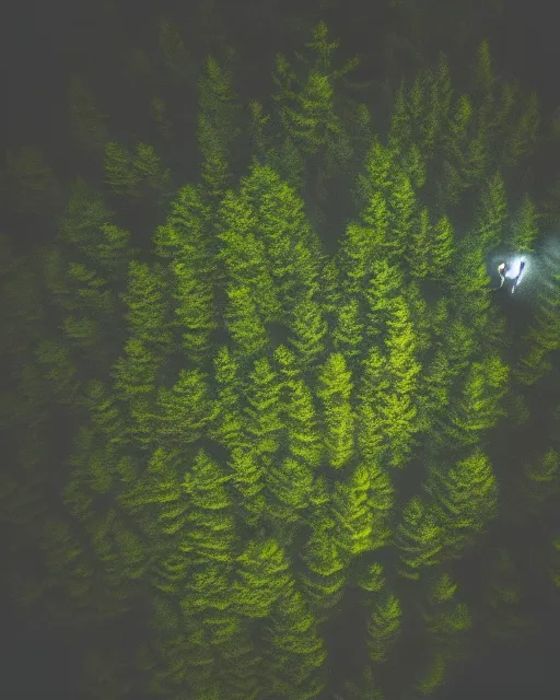 Image similar to werewolf in forest at night, shot from drone, grainy, polaroid, zoomed in