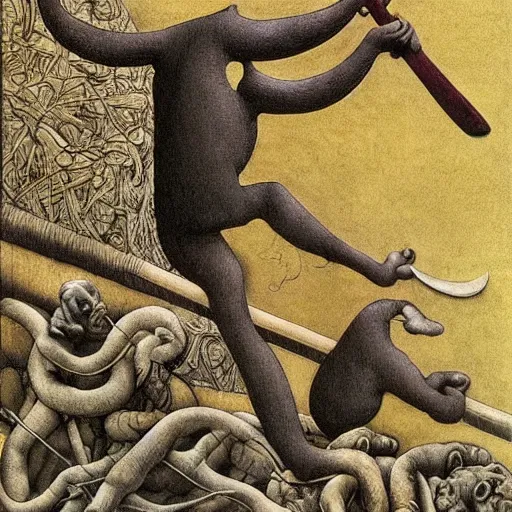 Prompt: Clever monkey with a long knife, very detailed and colorful, by Santiago Caruso, by M.C. Escher, by Michelangelo, beautiful, eerie, surreal, psychedelic