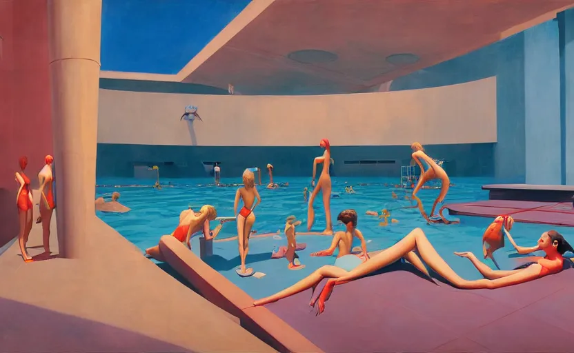 Image similar to Inside a big futuristic pool and ladies in bikini, very coherent, painted by Edward Hopper, Wayne Barlowe, painted by James Gilleard, airbrush, art by JamesJean