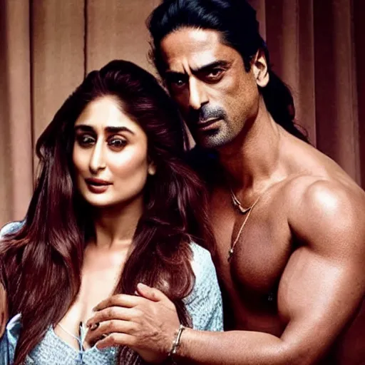 Image similar to kareena kapoor with arjun rampal in the bed, au naturel, hyper detailed, photographic, cinematic lighting, studio quality.