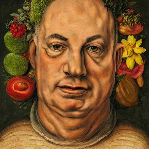 Prompt: portrait of benjamin netanyahu made of fruits vegetables and flowers, by giuseppe arcimboldo