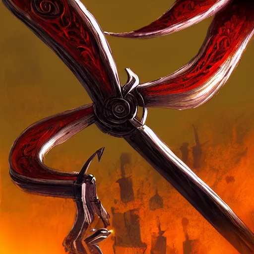 Image similar to scythe weapon, scythe design, fantasy scythe, weapons concept art, design, rpg, weapon, detailed, digital art, incredible, digital painting, no noise, global illumination, warm lighting, vivid, intricate details, ultra realistic, volumetric lighting, warm colors advance, cell shading, hyper realism, matte painting, highly detailed