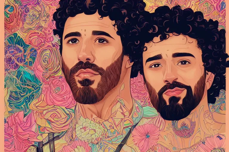 Image similar to a hispanic white girl with medium length curly hair, and a short - bearded mixed race man with short curly hair, in love selfie, tristan eaton, victo ngai, artgerm, rhads, ross draws