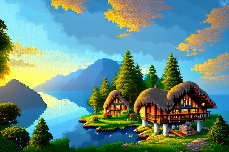 Image similar to view of a cottage above an azure lake, beautiful detailed pixelart by albertov, intricate details, smooth gradients, beautiful, volumetric lighting, cgsociety, artstation