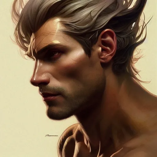Image similar to portrait of forest gog, male, clear face, masculine, upper body, muscular, fantasy, intricate, elegant, highly detailed, digital painting, artstation, concept art, matte, sharp focus, illustration, art by artgerm and greg rutkowski and alphonse mucha