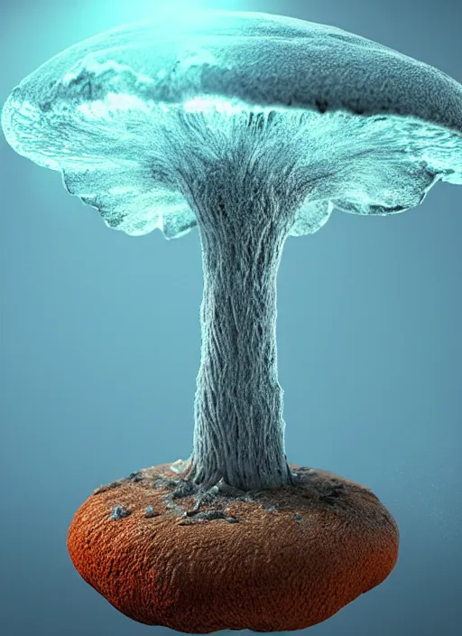 Image similar to mycelium growing into a mushroom, 3 d render in octane, glossy, fractals, beautiful lighting, fog, depth, under water, ernst haeckel