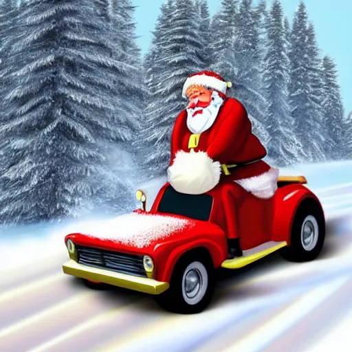 Image similar to Santa Clause driving a rally car he is going fast there is smoke coming from the tires there is snow on the track you can clearly see Santa Clause driving he is fat and jolly, realistic lighting, realistic shadows, highly reflective, photo realistic, hyper realistic