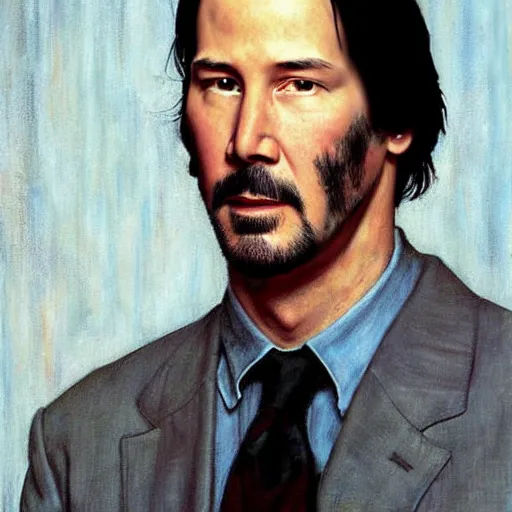 Prompt: keanu reeves portrait art by norman rockwell