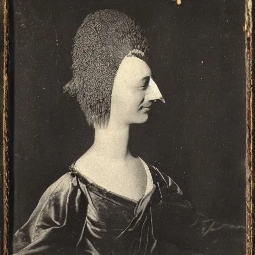 Prompt: An Avian woman with a birds face and human body, 18th century photograph