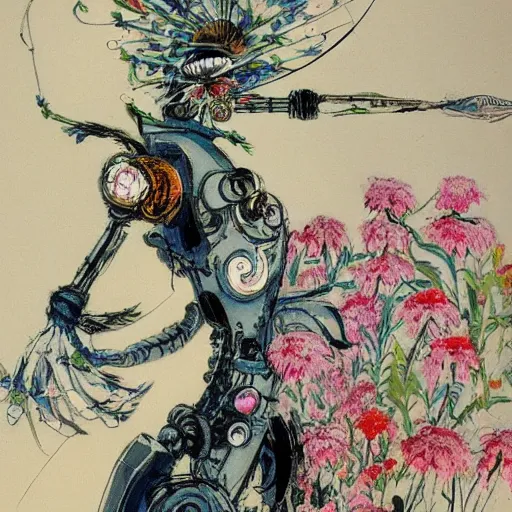 Prompt: Louis Icart, an old elaborate painting of an abstract robot tornado made entirely out of flowers, highly detailed, swirling, flowing, dancing, dreaming, bursting with positive energy, happy, creative, masterpiece - H 1024