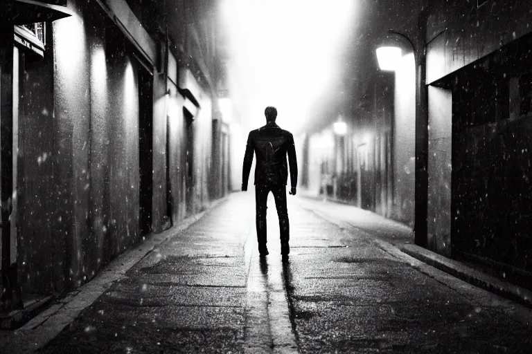 Prompt: blurred movie shot of young man from back pacing lowering head dressed in short leather bomber jacket to empty narrow alley with street lamps in park with pines to the horizon, with hands in pockets, snowfall at night, mullet long haircut, black hairs, cinematic, dramatic, detailed, realistic, movie shot, low greenish lighting