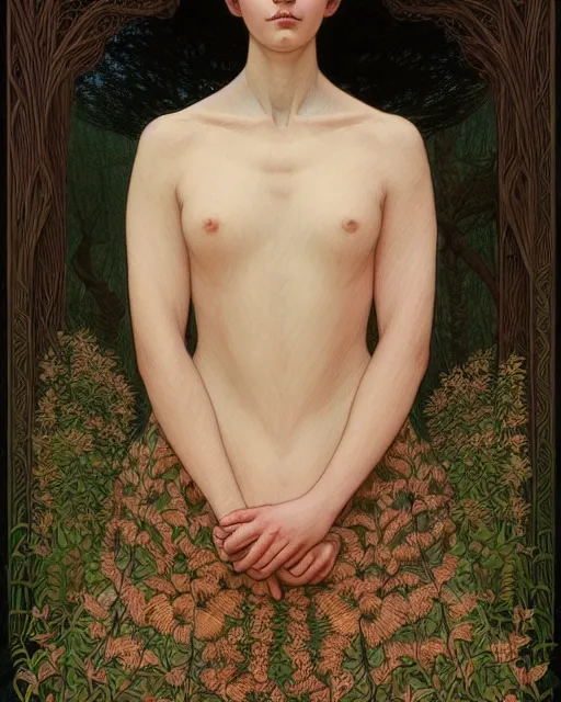 Image similar to symmetry portrait of welsh brunette student in mans tunic, embroidery, tomboy, short hair, intricate forest background, intricate, elegant, highly detailed, digital painting, artstation, concept art, smooth, sharp focus, illustration, art by artgerm and greg rutkowski and fra angelico and alphons mucha