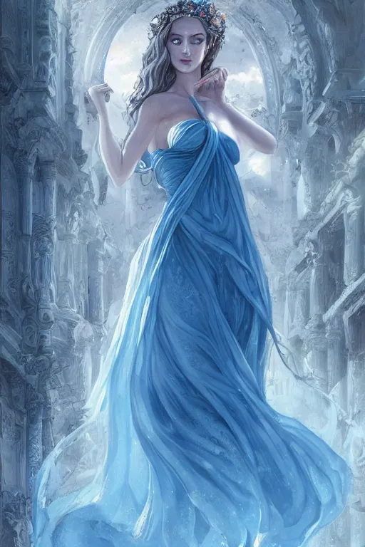 Prompt: aphrodite goddess beautiful blue gown very sensual, high resolution, uhd, digital illustration, in the style of greg rutkowski, fantasy, amazing detail, epic, intricate, elegant, perfect symmetrical face, hyper realistic, hyperdetailed, style of laura sava, smooth, deep focus