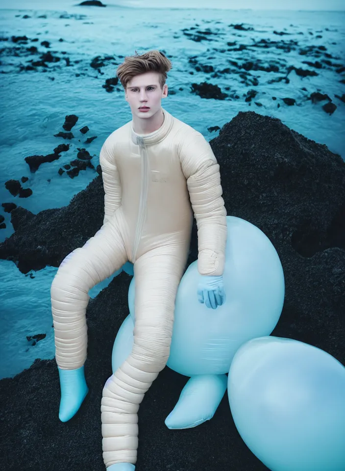 Prompt: high quality pastel coloured film portrait photograph of one beautiful young 2 0 year old male, soft features, short hair, wearing perspex space suit and oversized inflated clothing!! icelandic black rock pool environment. atmospheric three point light. photographic. art directed. ( pastel colours ). volumetric. clearcoat. waves. 8 k. filmic.