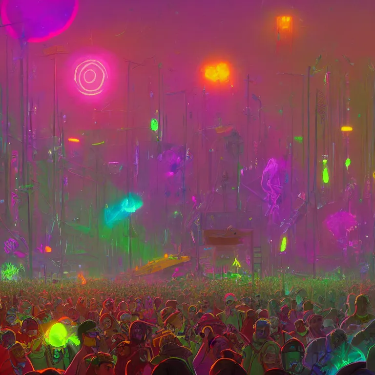 Prompt: A person at a music festival, bright portals, bass music, rave, music, speakers, Detailed digital matte painting in the style of simon stalenhag, artstation, psychedelic