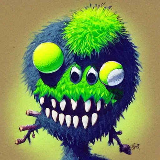 Prompt: a tennis ball monster ,tennis ball,abominable snow man ,chalk digital art, fantasy, magic, trending on artstation, ultra detailed, professional illustration by Basil Gogos