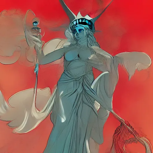 Prompt: Lady Gaga dressed as the Statue of Liberty sitting on a red dragon, illustration concept art in the style of Arthur Adams