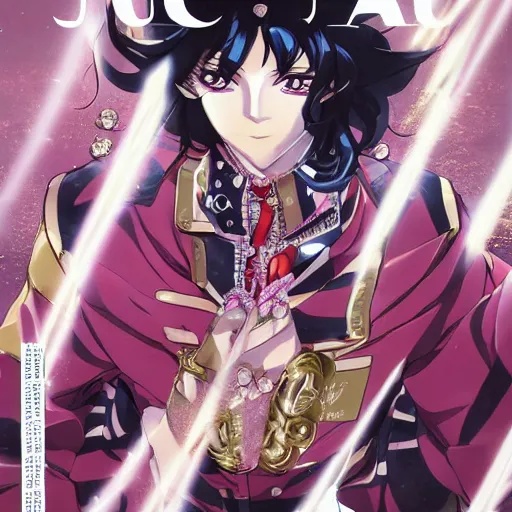 Image similar to Magazine Cover Anime key visual of a Gucci girl; official media; typography; drawn by Hirohiko Araki; Jojo's Bizarre Adventure; Jojolion, portrait, made by Stanley Artgerm Lau, WLOP, Rossdraws, James Jean, Andrei Riabovitchev, Marc Simonetti, Yoshitaka Amano, ArtStation