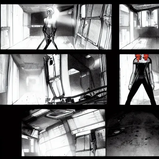 Prompt: scarlett johansson wearing futuristic breathing apparatus, searching an derelict dark hallway of a abandoned spaceship with a flashlight, afro samurai anime style, black and white, pencil and ink manga panels showing different angles of scene