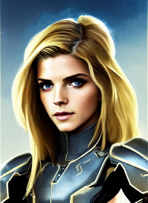 Image similar to portrait of a combination of Ashley Greene, Katheryn Winnick, Victoria Justice and Adriana Dxim, Grace Kelly, Emma Watson and Lily Collins with blonde hair wearing Varia Armor from Metroid Prime, countryside, calm, fantasy character portrait, dynamic pose, above view, sunny day, thunder clouds in the sky, artwork by Jeremy Lipkin and Giuseppe Dangelico Pino and Michael Garmash and Rob Rey and Greg Manchess and Huang Guangjian, very coherent asymmetrical artwork, sharp edges, perfect face, simple form, 100mm