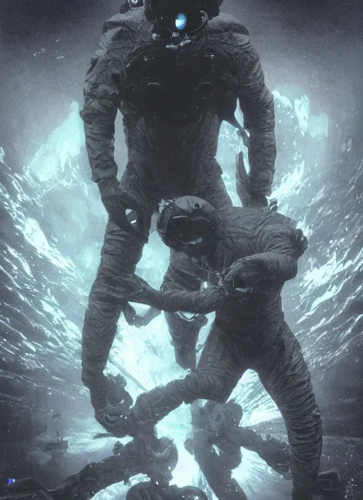 Image similar to astronauts in dark and empty void underwater - complex and hyperdetailed technical suit. reflection and dispersion materials. rays and dispersion of light. volumetric light. 5 0 mm, f / 3 2. noise film photo. flash photography. ultra realistic, wide angle. poster by wayne barlowe, hajime sorayama aaron horkey, craig mullins