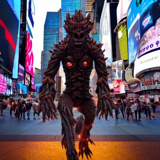 Image similar to demogorgon walking peacefully in times square in the middle of crowdm dawn sunny day, lens flare, hyper realistic, intrincate, 16k, unreal render engine