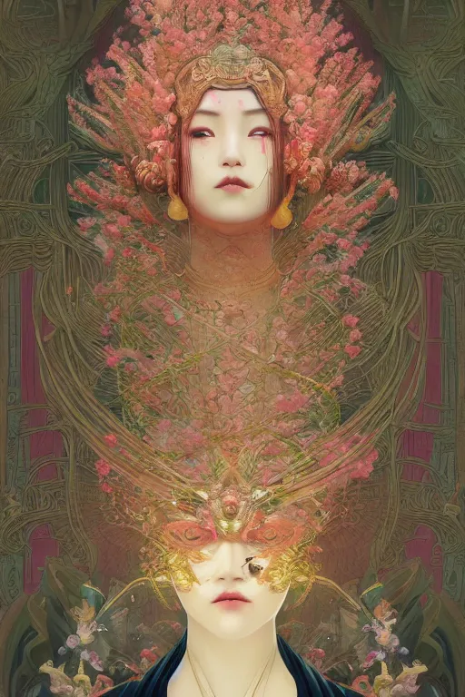 Image similar to portrait full body girl 3 kingdom breathtaking detailed concept art painting art deco pattern of birds goddesses amalmation flowers head thibetan temple, by hsiao ron cheng, tetsuya ichida, bizarre compositions, tsutomu nihei, exquisite detail, extremely moody lighting, 8 k, art nouveau, old chines painting, art nouveau