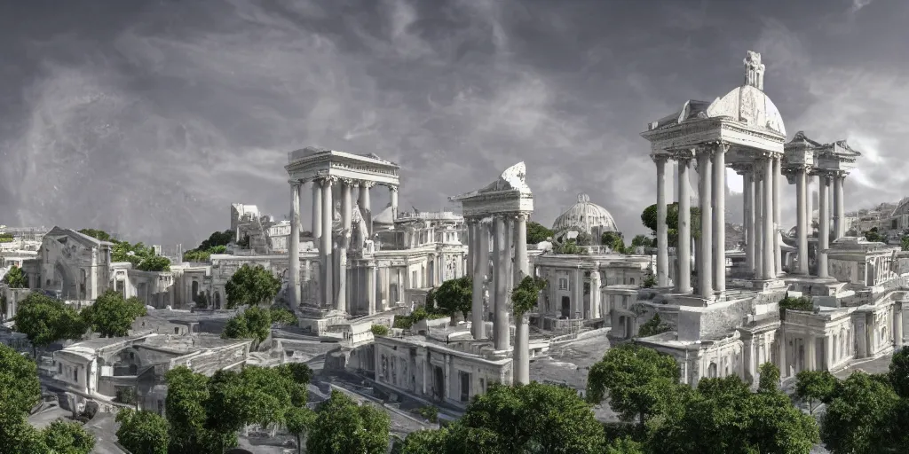 Prompt: utopian city made out of glistening, white marble, nature, fusion between historical and modern futuristic architecture, rome, vegetation, 4k, digital art