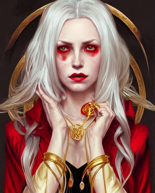 Image similar to female queen vampire, perfect face, gold waistcoat, red shirt, long grey hair, red necktie, cinematic, stunning, highly detailed, digital painting, artstation, smooth, hard focus, illustration, art by artgerm and greg rutkowski and alphonse mucha