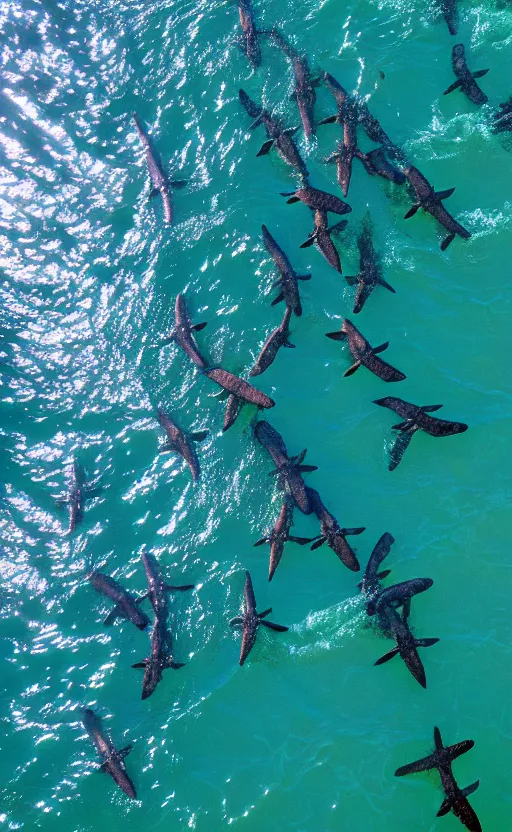 Image similar to lots of sea turtles swimming in the ocean, wide angle shot by greg rutkowski