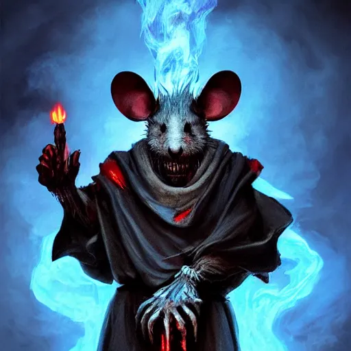 Image similar to an anthropomorphic rat with a rat skull head and glowing red eyes wearing dark robes and floating in blue smoke and holding a blue flame in each bony claw, dramatic lighting, darkness and bright blue smoke, foreboding, photorealistic, sharp focus, 8 k, artstation, artstation hq, greg rutkowski, gregory manchess