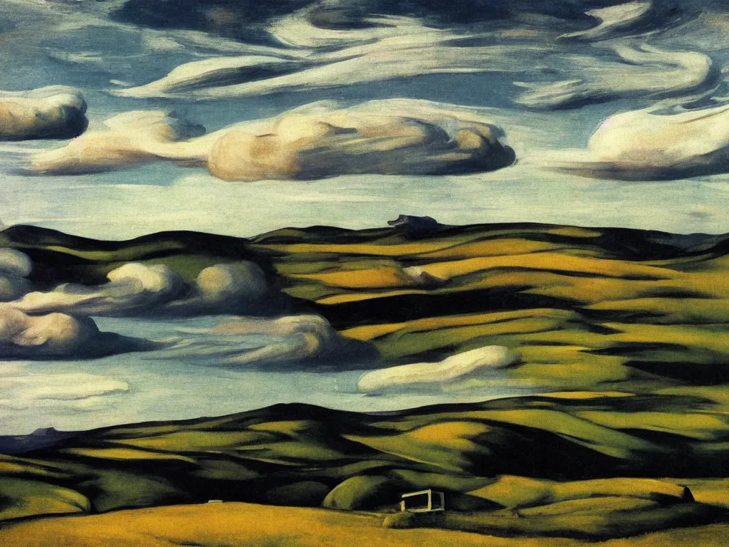 Image similar to dramatic landscape of donegal ireland after the storm, mammatus clouds and lenticular clouds, by edward hopper and giorgio de chirico