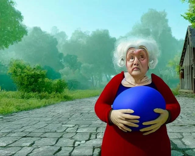 Image similar to of a very beautiful scene. a sweet fat old woman is in love with a huge, colorful and beautiful egg. hyper realistic. 4 k. wide angle. in the baroque style. wild. symmetrical face, red mouth, blue eyes. deep focus, lovely scene. processing block environment. concept art. unreal engine.