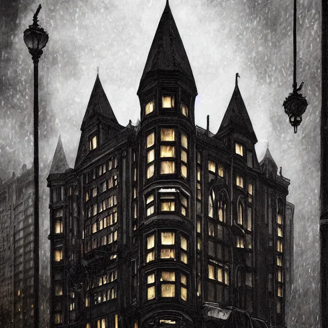 Image similar to painting of a 1 9 2 0 s gothic style hotel in downtown boston, overlooking a dark street, architectural, atmospheric lighting, brooding, painted, intricate, ultra detailed, well composed, best on artstation, cgsociety, epic, horror, stunning, gorgeous, intricate detail, much wow, masterpiece, cinematic aesthetic octane render, 8 k hd resolution,