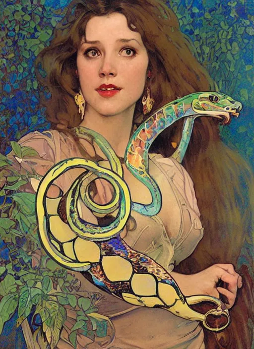 Prompt: an art nouveau copic maker holographic portrait of a woman holding a snake by john berkey by stanley artgerm lau, alphonse mucha, loish, norman rockwell