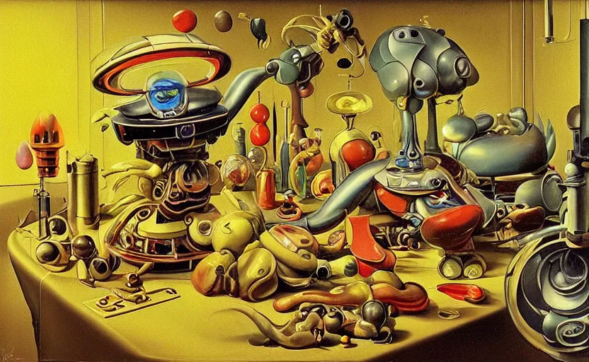 Image similar to strange seductive futuristic robot body, enticing colorful oil masterful painting dutch golden age vanitas still life splendid composition with bulbous luscious objects strange gooey transparent surfaces shiny metal reflections bizarre mutant meat insects rachel ruysch dali todd schorr very detailed perfect composition rule of thirds masterpiece canon 5 0 mm, cinematic lighting, photography, retro, film, kodachrome