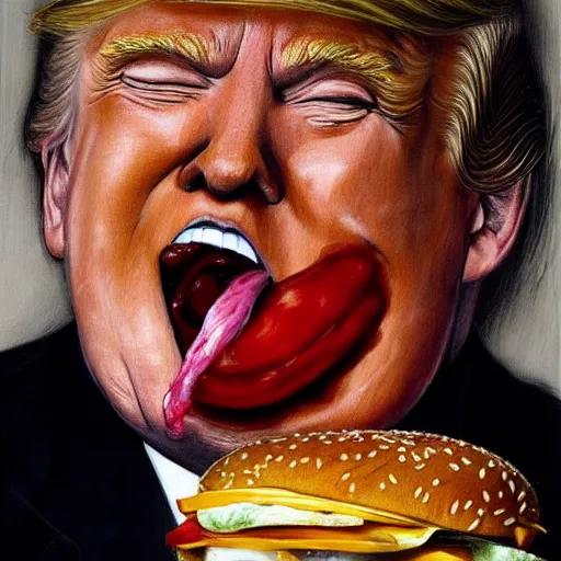 Prompt: donald trump licking a burger with his tongue out, art by jenny saville detailed, sharp, smooth