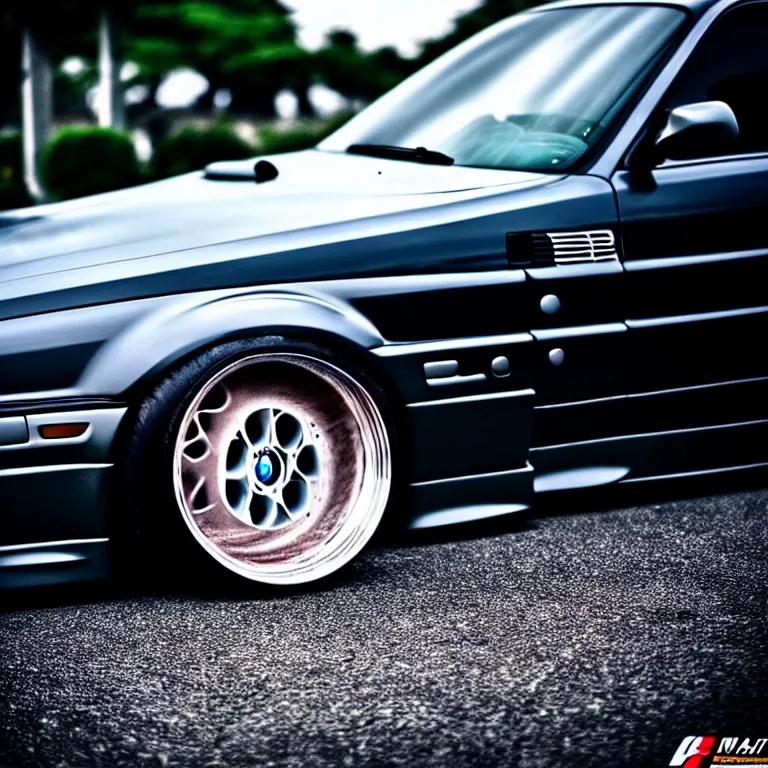 Prompt: close-up-photo BMW E36 illegal meet, cambered wheels, Saitama prefecture, misty midnight, cinematic color, photorealistic, high detailed wheels, highly detailed, custom headlights, subtle neon underlighting