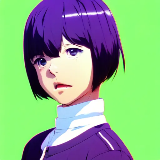 Prompt: anime poster film still portrait, african american young woman, purple colored eyes, white french bob, green colored bomber jacket, detailed facial features, dynamic pose, cute face by ilya kuvshinov, yoh yoshinari, makoto shinkai, rimlight, cel shaded, 4 k