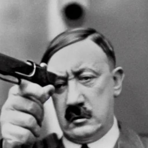 Prompt: hitler pointing a gun to his head while crying, close - up shot, low angle shot