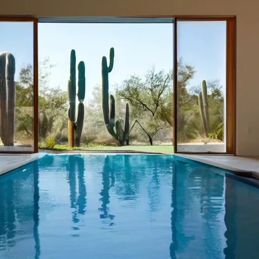 Image similar to modern desert pavlion interior looking out of large pivoting doors into expansive pool and vista with cacti