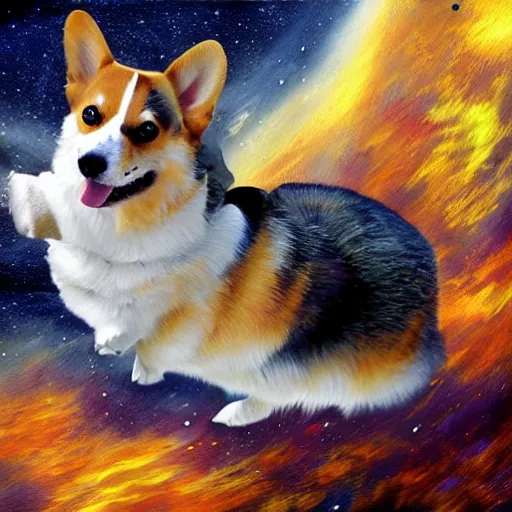 Image similar to surreal digital painting of a corgi floating in space