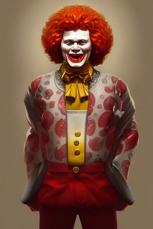 Image similar to vladimir putin as ronald mcdonald, 2 d portrait, symmetrical, highly detailed, digital painting, artstation, concept art, smooth, sharp focus, illustration, cinematic lighting, art by artgerm and greg rutkowski and alphonse mucha