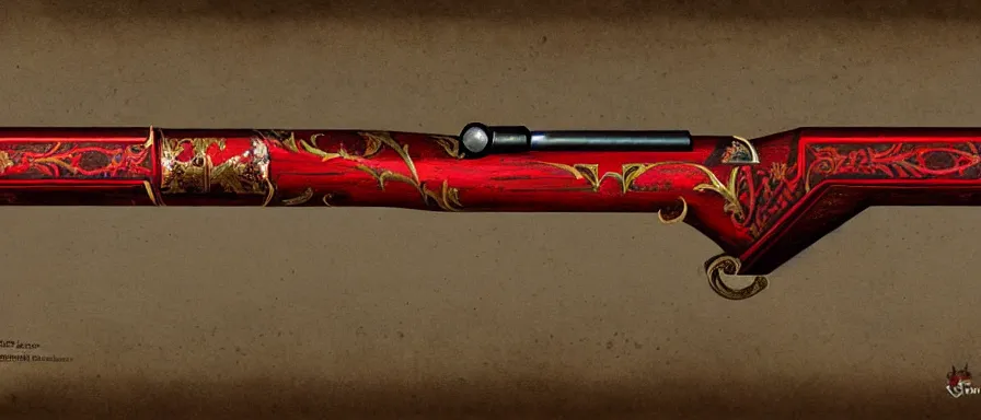 Image similar to a magical antique sawed - off double - barreled shotgun made from glossy red - painted wood and elements of gold metalwork, video game concept art