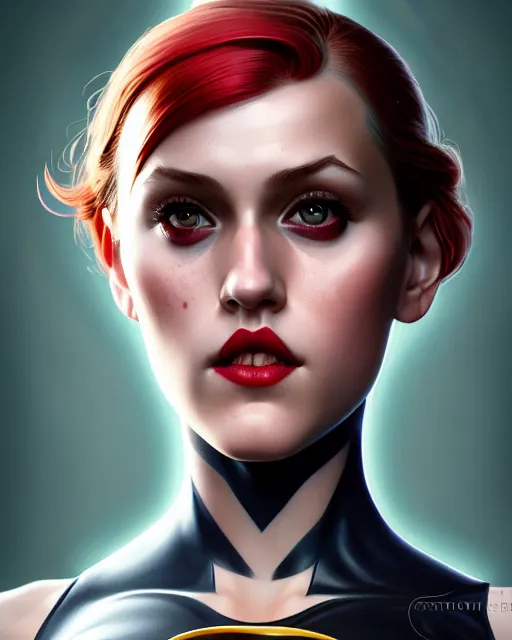 Image similar to Maika Monroe Batgirl, redhead, no mask, symmetrical face symmetrical eyes, illustration, artstation, cinematic lighting, hyperdetailed, cgsociety, 8k, high resolution, Charlie Bowater, Tom Bagshaw, Norman Rockwell, insanely detailed and intricate