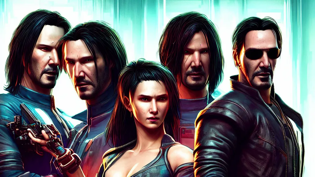 Image similar to a cyberpunk 2077 srcreenshot couple portrait of one Keanu Reeves and two hot female androids,love,film lighting,by Laurie Greasley,Lawrence Alma-Tadema,Dan Mumford,John Wick,Speed,Replicas,artstation,deviantart,FAN ART,full of color,Digital painting,face enhance,highly detailed,8K,octane,golden ratio,cinematic lighting