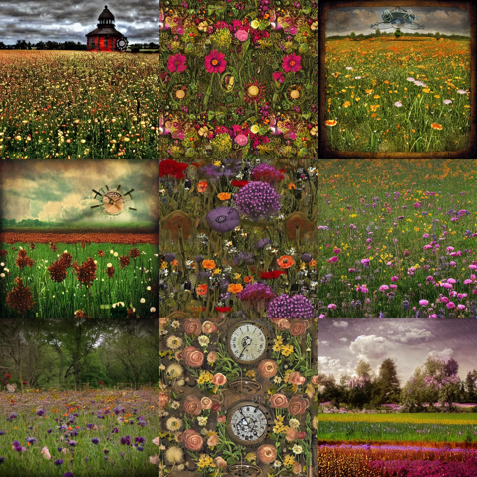 Prompt: a field of flowers, steampunk