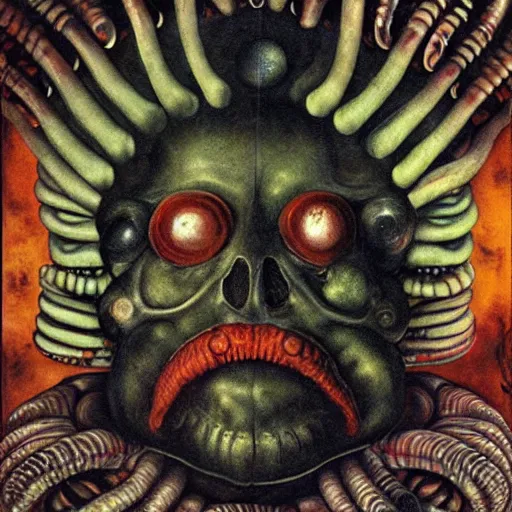 Image similar to album cover, aliens, black, white, orange, psychedelic, giuseppe arcimboldo