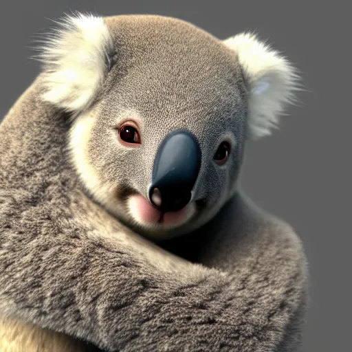 Prompt: render as a very beautiful 2.5d koala, hot petite, hazel eyes, full round face, short smile, cinematic lightning, medium shot, mid-shot, highly detailed, trending on Artstation, Unreal Engine 4k, cinematic wallpaper