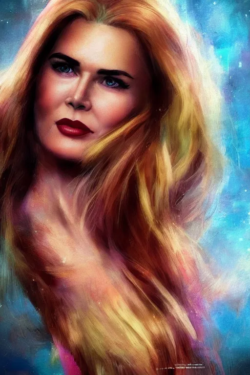 Prompt: mix of beautiful young maria shriver, mariel hemmingway, brooke shields, nicole kidman and elle macpherson as a boa constrictor, thin lips, hair tied up in a pony tail, dark blonde hair, colorful, artstation, cgsociety